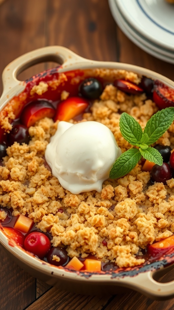 Classic 6-Pack Crumble Recipe A delicious fruit crumble with a golden topping served with ice cream on a rustic table.